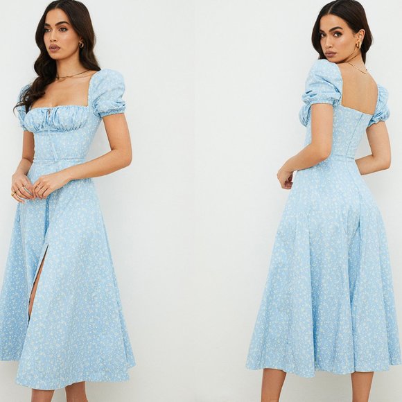 House of CB ‘Tallulah’ Blue Ivory Puff Sleeve Midi Dress NWOT - Picture 4 of 12